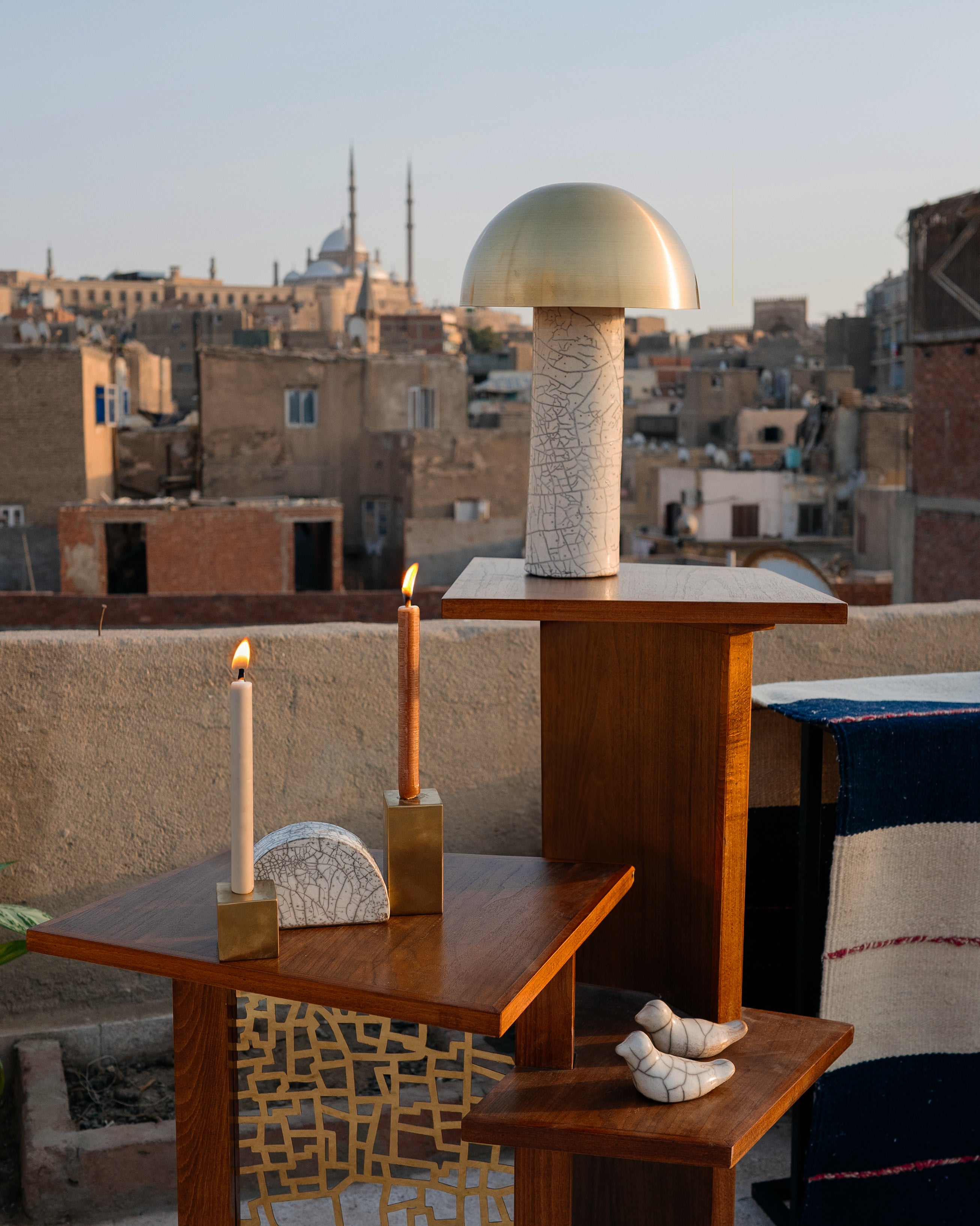 A close-up of a wooden table in a photoshoot in Egypt